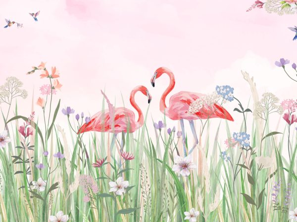 Flamingo Meadow, Enchanted Flamingos in a Hummingbird Meadow Wallpaper Mural