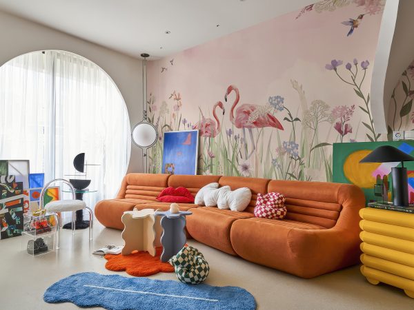Flamingo Meadow, Enchanted Flamingos in a Hummingbird Meadow Wallpaper Mural M
