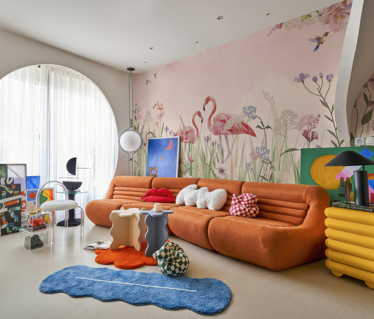 Flamingo Meadow, Enchanted Flamingos in a Hummingbird Meadow Wallpaper Mural M