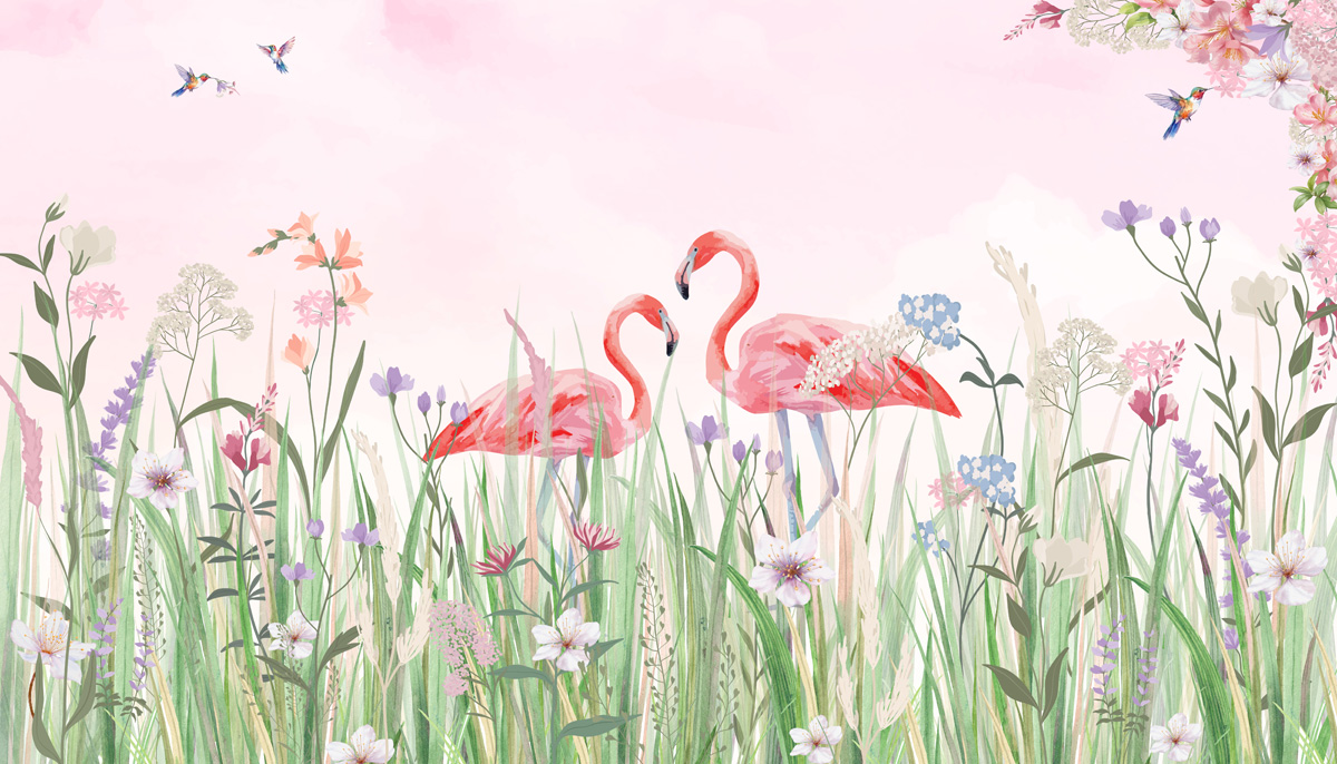 Flamingo Meadow, Enchanted Flamingos in a Hummingbird Meadow Wallpaper Mural