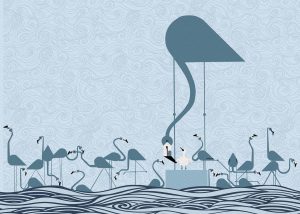 Flamingo Sonata, Serene Cranes in a Whispering Waves Wallpaper Mural