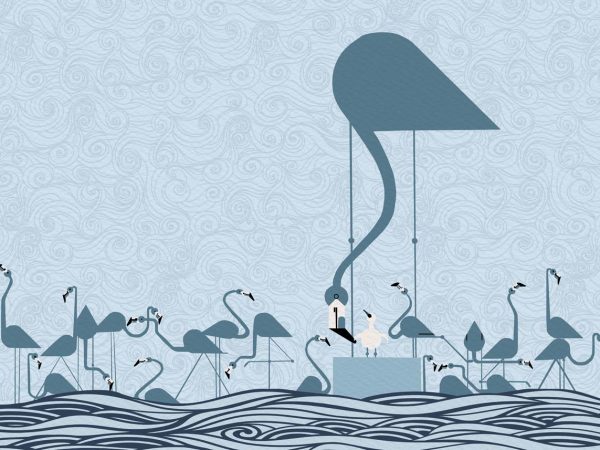 Flamingo Sonata, Serene Cranes in a Whispering Waves Wallpaper Mural