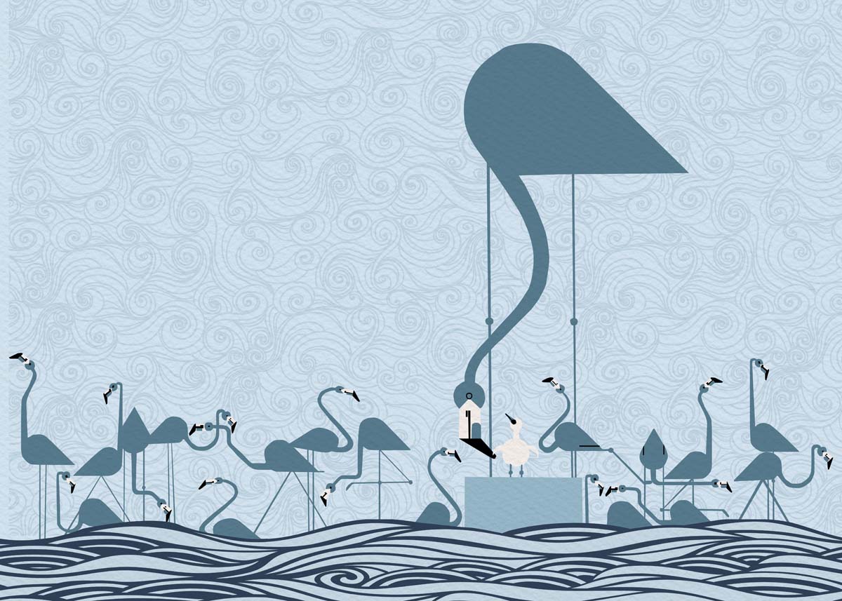 Flamingo Sonata, Serene Cranes in a Whispering Waves Wallpaper Mural