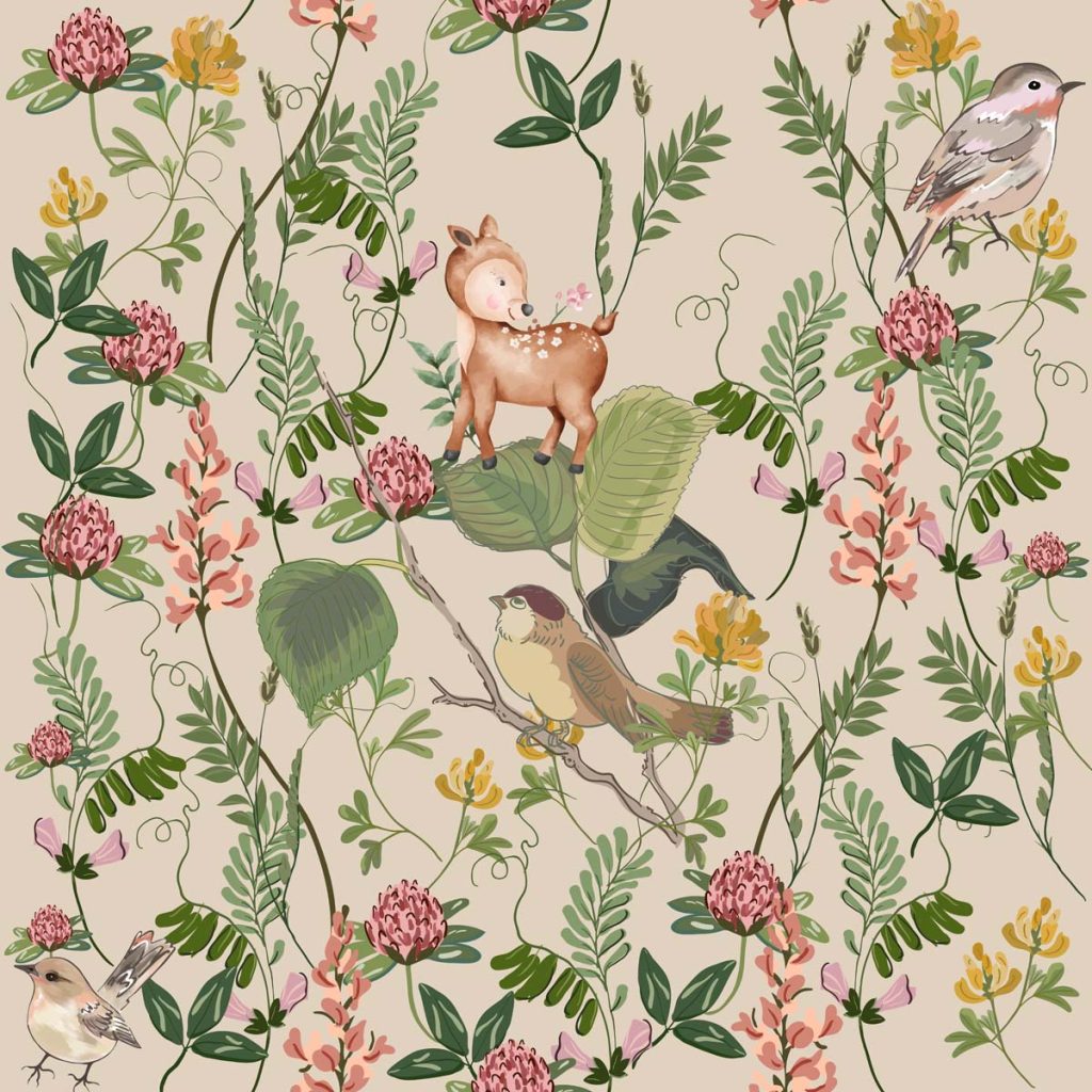 Floral Nest, Baby Deer and Bird Garden Wallpaper Mural