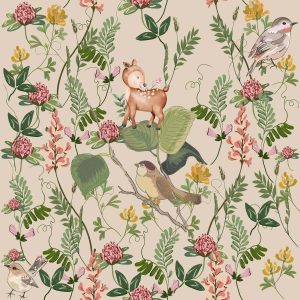 Floral Nest, Baby Deer and Bird Garden Wallpaper Mural