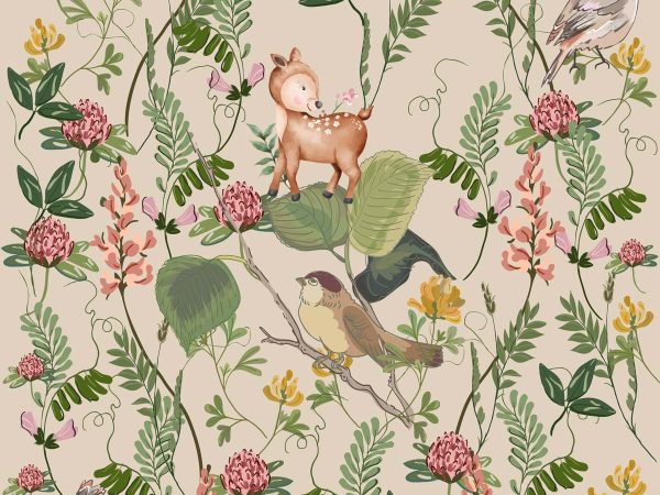 Floral Nest, Baby Deer and Bird Garden Wallpaper Mural