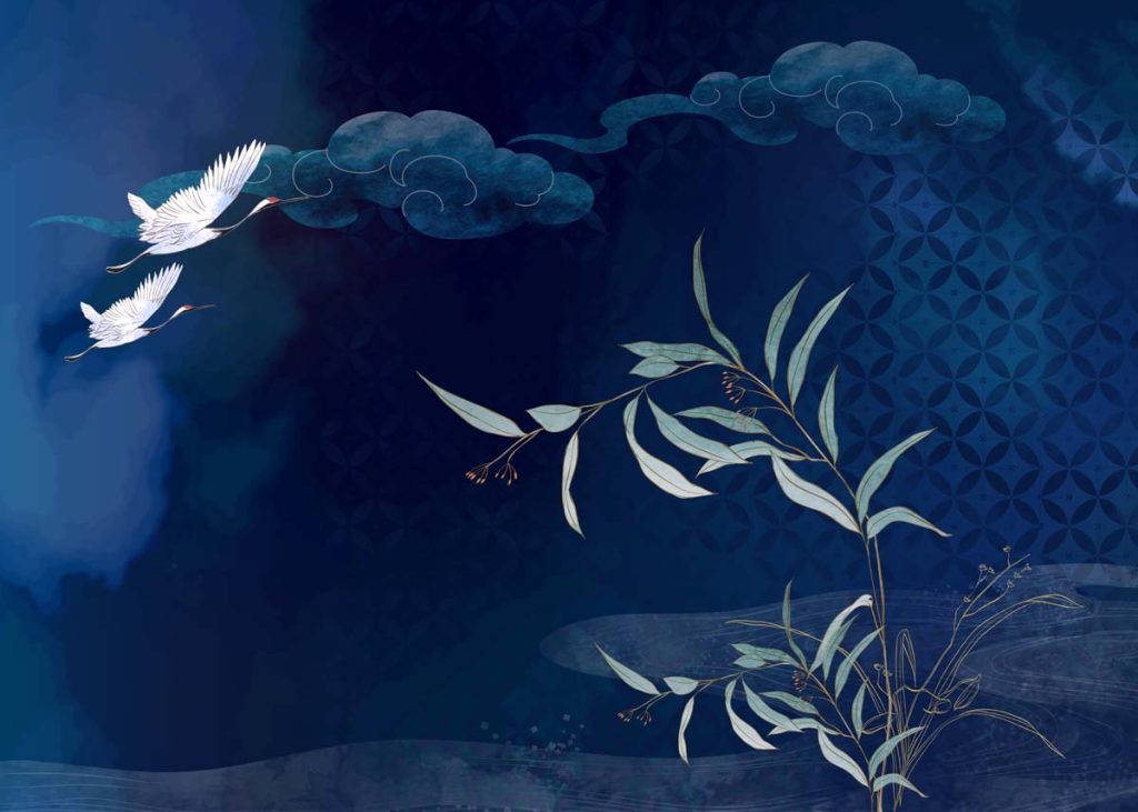 Geisha Silhouettes, Graceful Cranes in a Midnight Bamboo Grove Wallpaper Mural