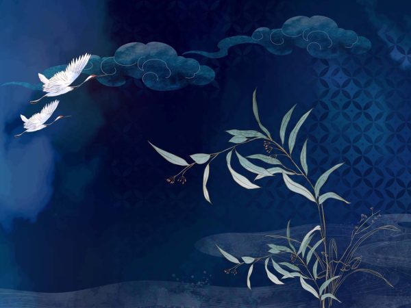 Geisha Silhouettes, Graceful Cranes in a Midnight Bamboo Grove Wallpaper Mural
