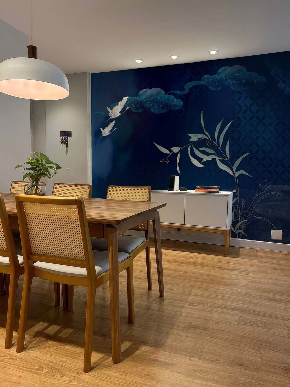 Geisha Silhouettes, Graceful Cranes in a Midnight Bamboo Grove Wallpaper Mural M