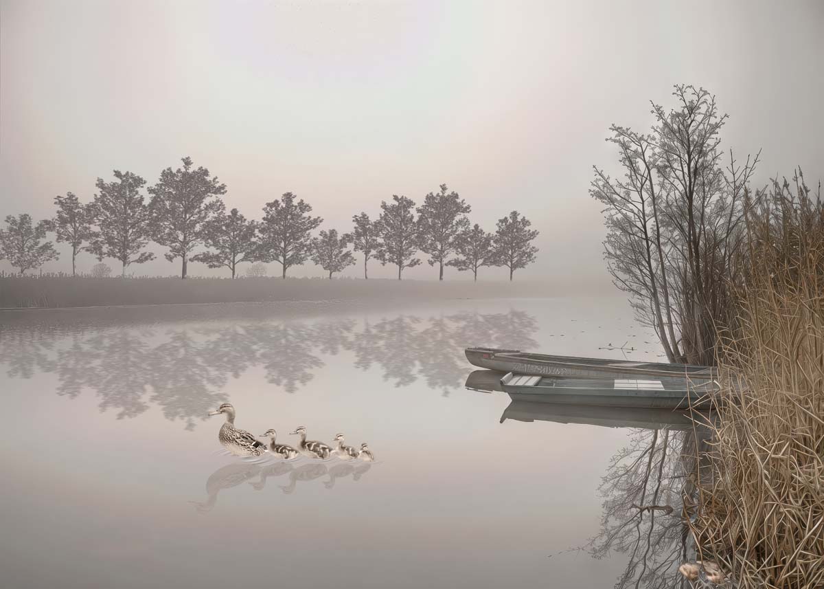 Hazy Horizon, Calm Lake Landscape Wallpaper Mural