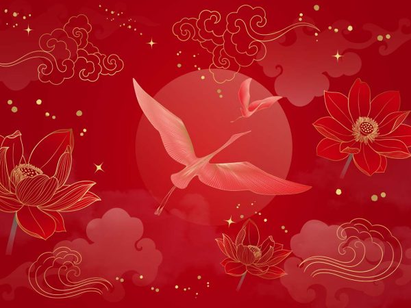 Kaida, Red Lotus Serenity and Crane Flight Elegance Wallpaper Mural