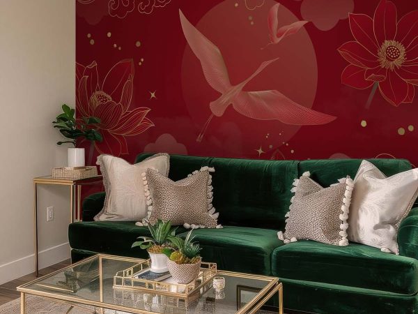 Kaida, Red Lotus Serenity and Crane Flight Elegance Wallpaper Mural