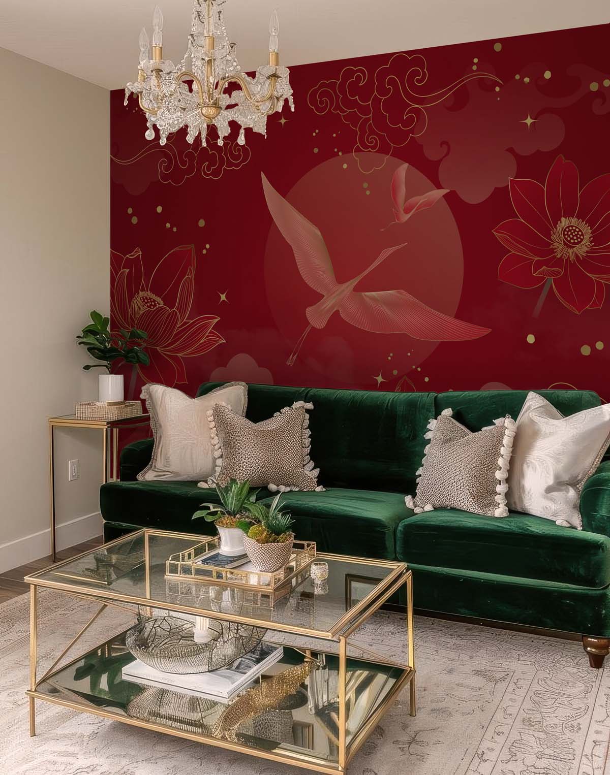 Kaida, Red Lotus Serenity and Crane Flight Elegance Wallpaper Mural