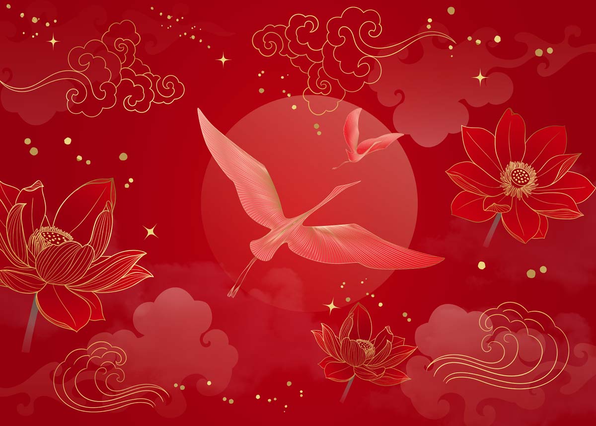 Kaida, Red Lotus Serenity and Crane Flight Elegance Wallpaper Mural