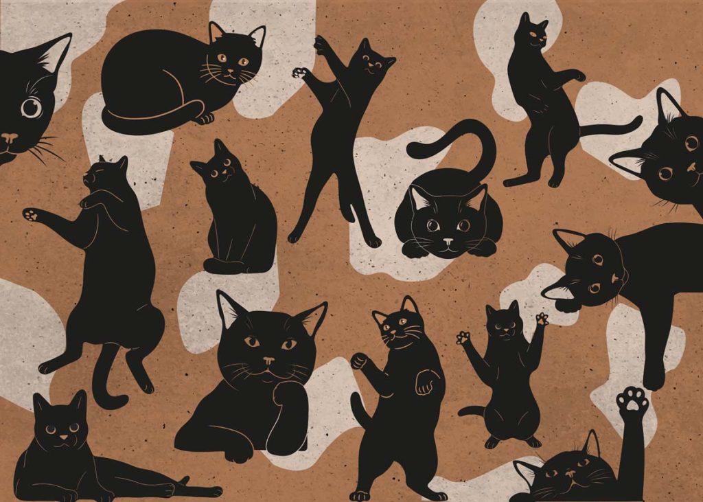 Kitten Cacophony, Quirky Black Cat Silhouettes on Warm Paper-Tone Mural
