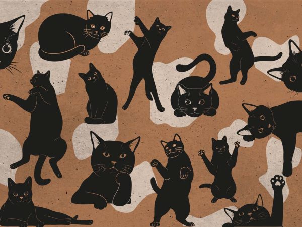 Kitten Cacophony, Quirky Black Cat Silhouettes on Warm Paper-Tone Mural