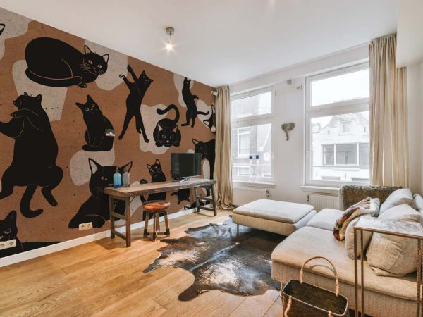 Kitten Cacophony, Quirky Black Cat Silhouettes on Warm Paper-Tone Mural