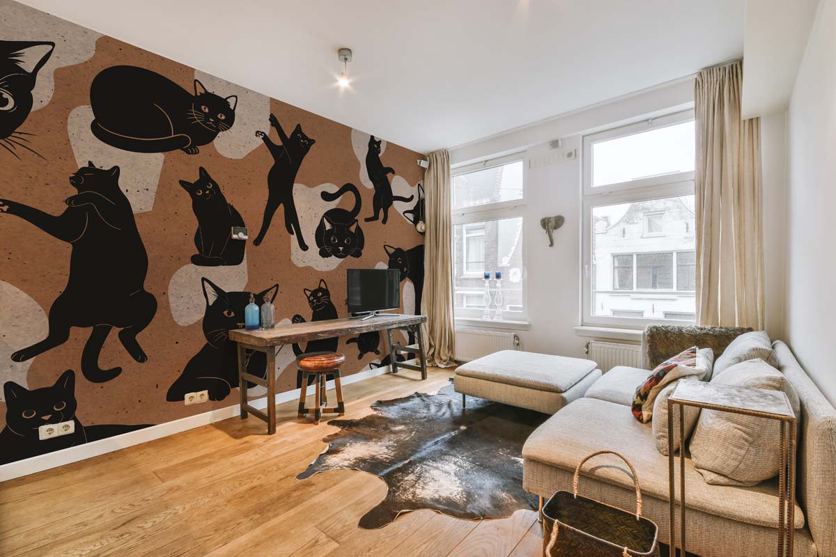 Kitten Cacophony, Quirky Black Cat Silhouettes on Warm Paper-Tone Mural