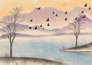 Lakesong, Watercolor Warm Pastel Sky Wallpaper Mural