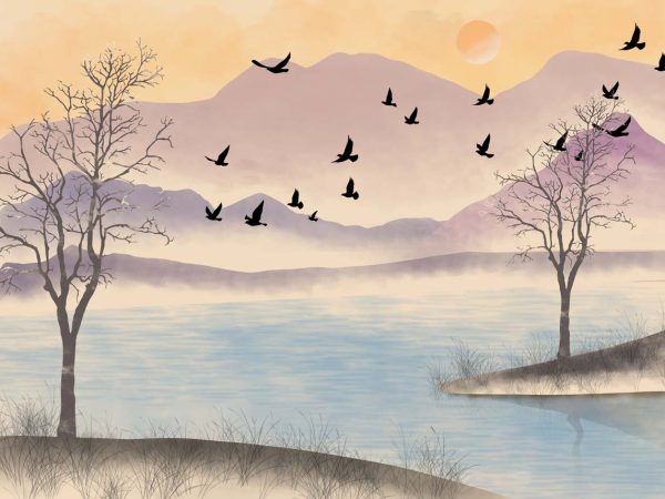 Lakesong, Watercolor Warm Pastel Sky Wallpaper Mural