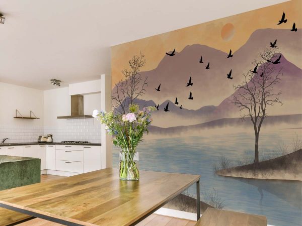 Lakesong, Watercolor Warm Pastel Sky Wallpaper Mural