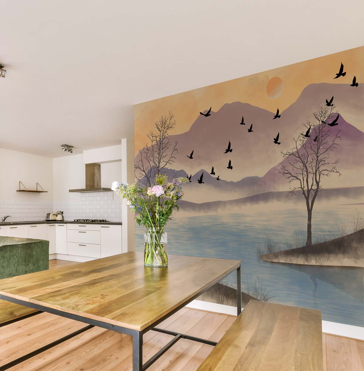 Lakesong, Watercolor Warm Pastel Sky Wallpaper Mural