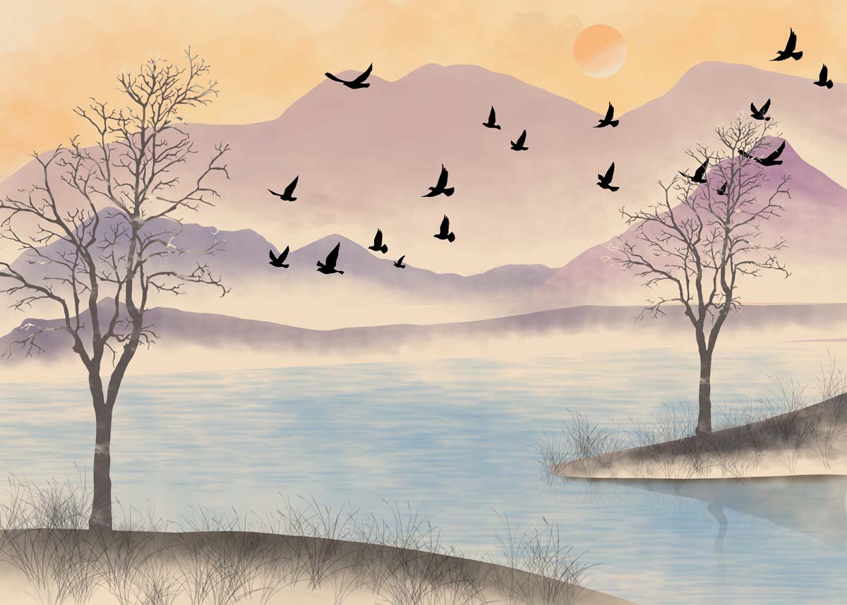Lakesong, Watercolor Warm Pastel Sky Wallpaper Mural