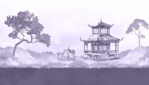 Lavender, Oriental Pagoda Deer Landscape Wallpaper
