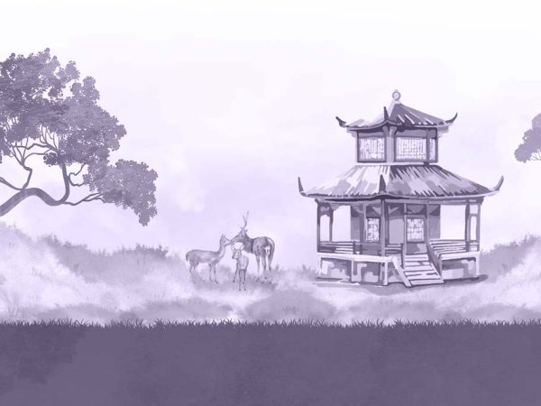 Lavender, Oriental Pagoda Deer Landscape Wallpaper