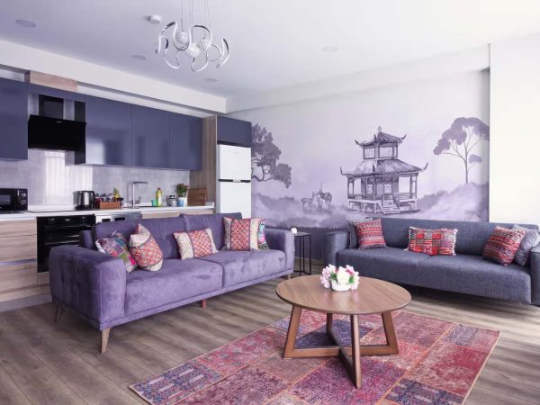 Lavender, Oriental Pagoda Deer Landscape Wallpaper