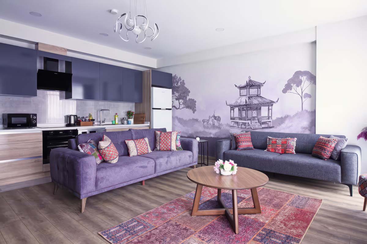 Lavender, Oriental Pagoda Deer Landscape Wallpaper