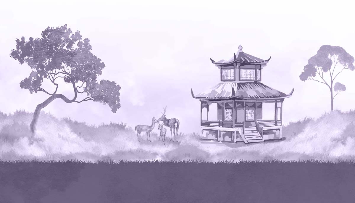Lavender, Oriental Pagoda Deer Landscape Wallpaper