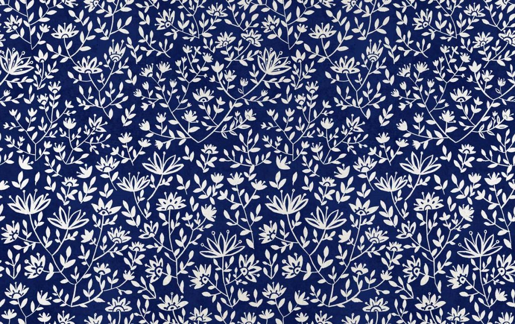Lunar Bloom, Blue Folk Floral Wallpaper