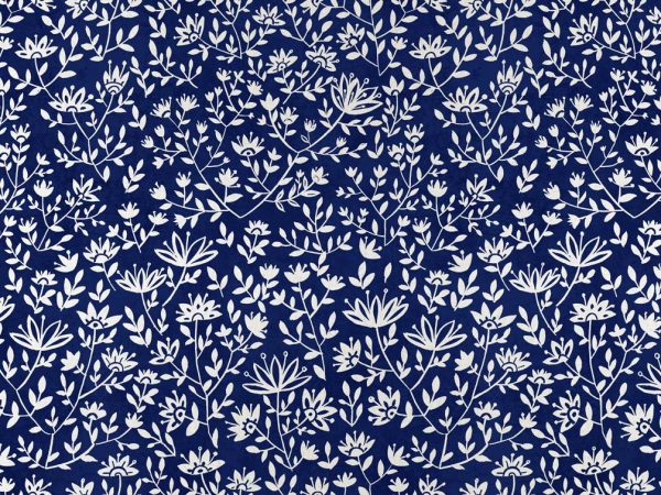 Lunar Bloom, Blue Folk Floral Wallpaper
