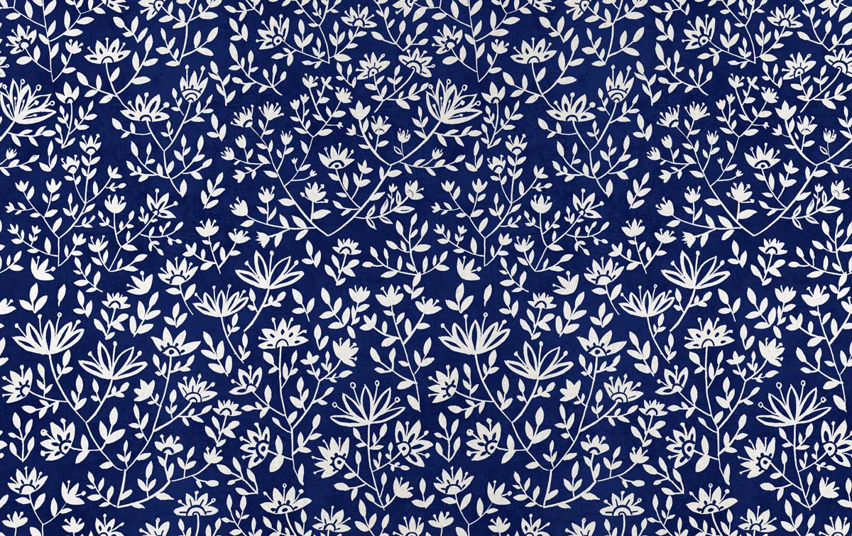 Lunar Bloom, Blue Folk Floral Wallpaper