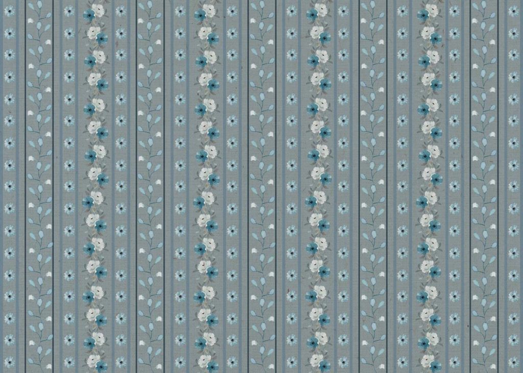 Lush Tapestry, Vintage Floral Stripe Wallpaper in Blue and Grey