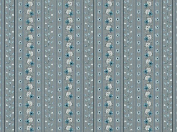 Lush Tapestry, Vintage Floral Stripe Wallpaper in Blue and Grey
