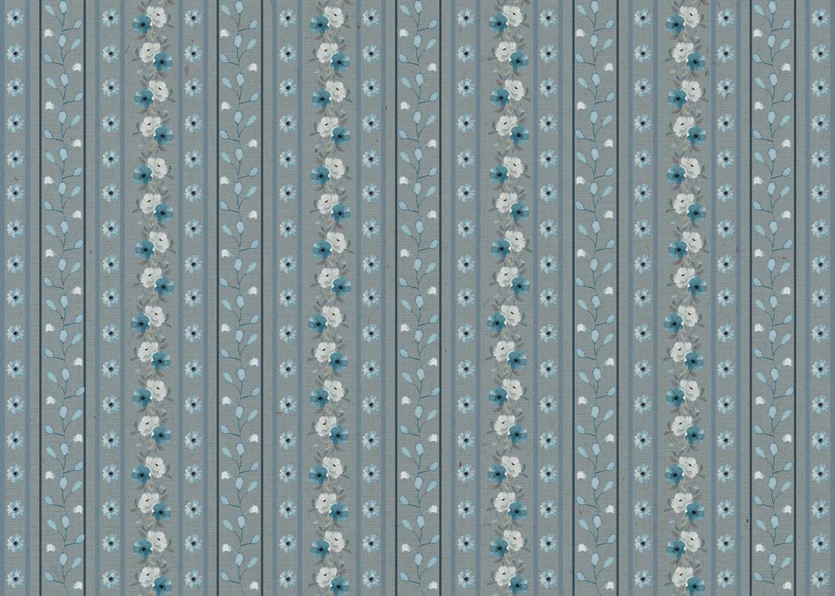 Lush Tapestry, Vintage Floral Stripe Wallpaper in Blue and Grey