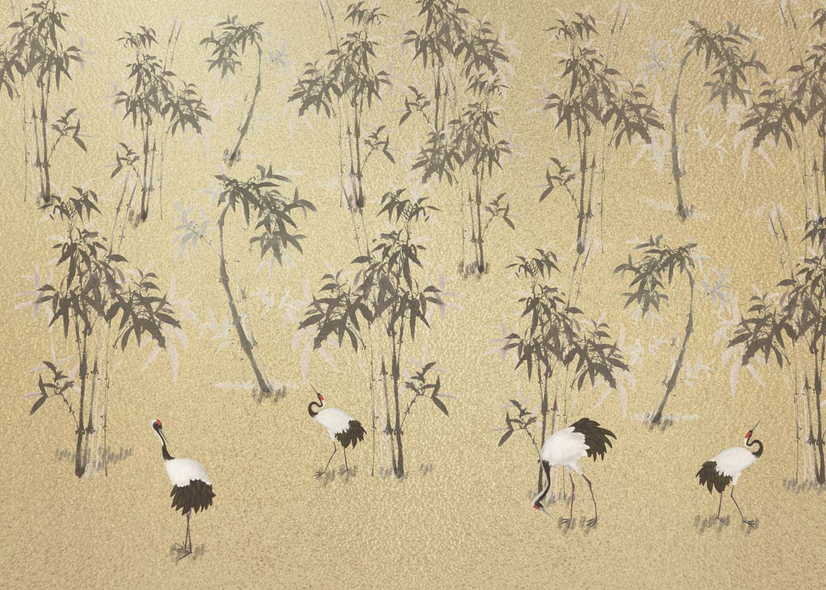 Mei, Golden Bamboo Crane Garden Wallpaper