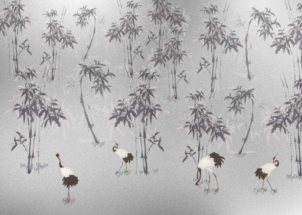 Mei, Gray Bamboo Crane Garden Wallpaper