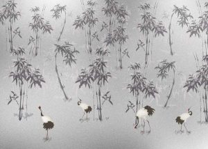 Mei, Gray Bamboo Crane Garden Wallpaper