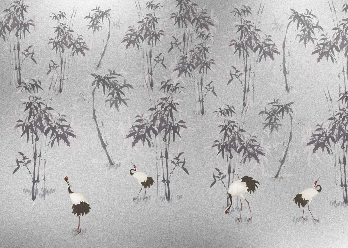 Mei, Gray Bamboo Crane Garden Wallpaper