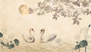 Moonlit Swanscape, Swan Pair in Dreamy Moonlit Setting Wallpaper Mural