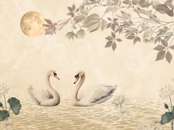 Moonlit Swanscape, Swan Pair in Dreamy Moonlit Setting Wallpaper Mural