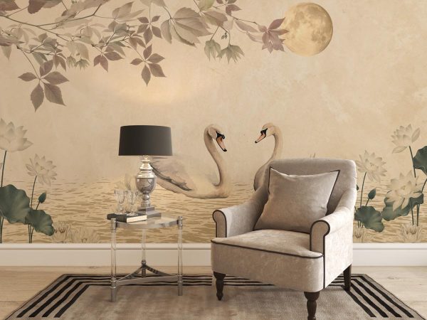 Moonlit Swanscape, Swan Pair in Dreamy Moonlit Setting Wallpaper Mural