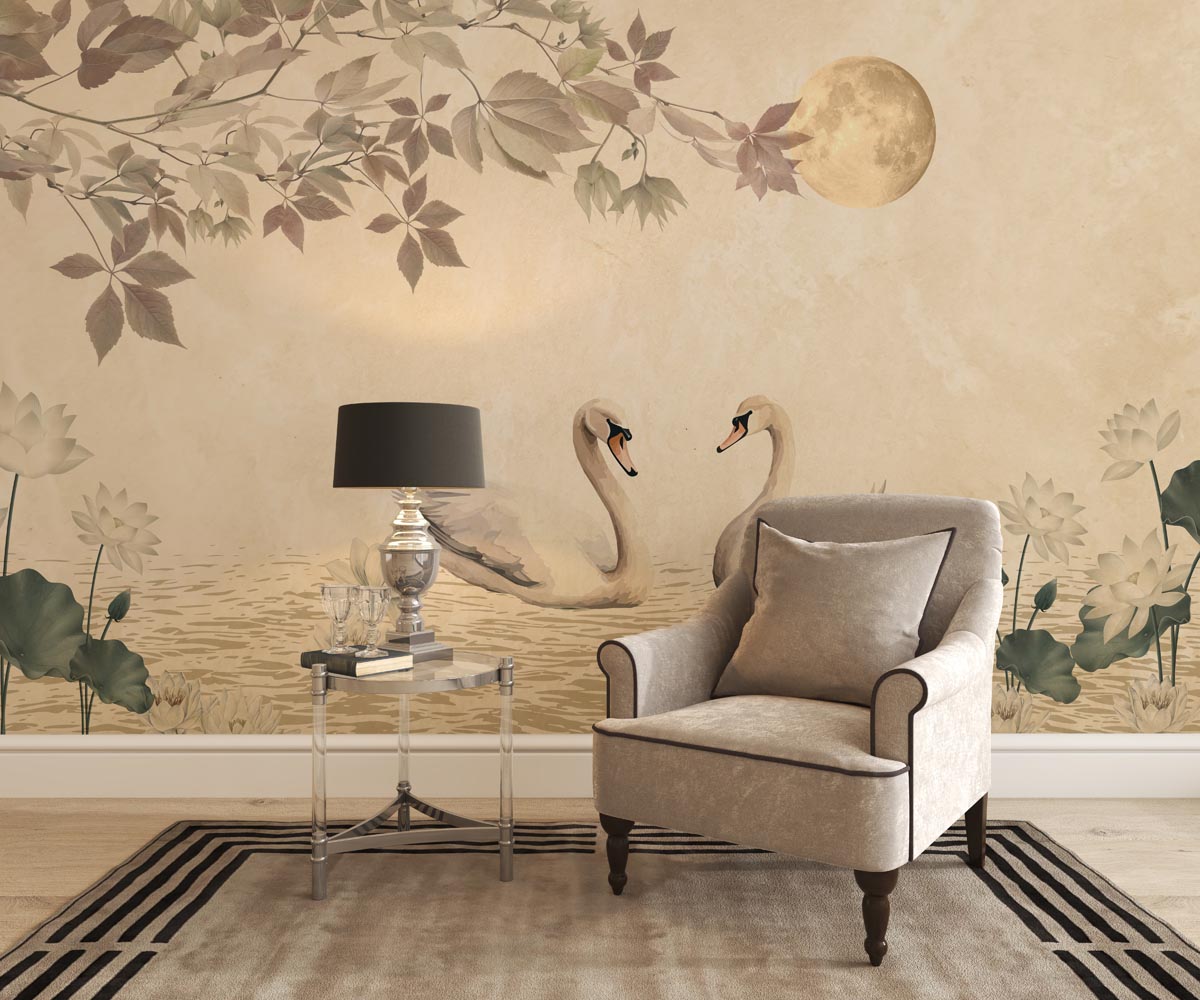 Moonlit Swanscape, Swan Pair in Dreamy Moonlit Setting Wallpaper Mural