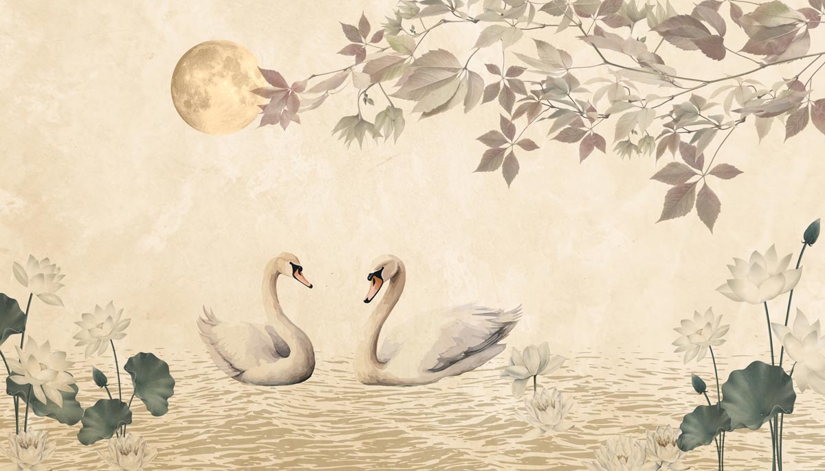 Moonlit Swanscape, Swan Pair in Dreamy Moonlit Setting Wallpaper Mural
