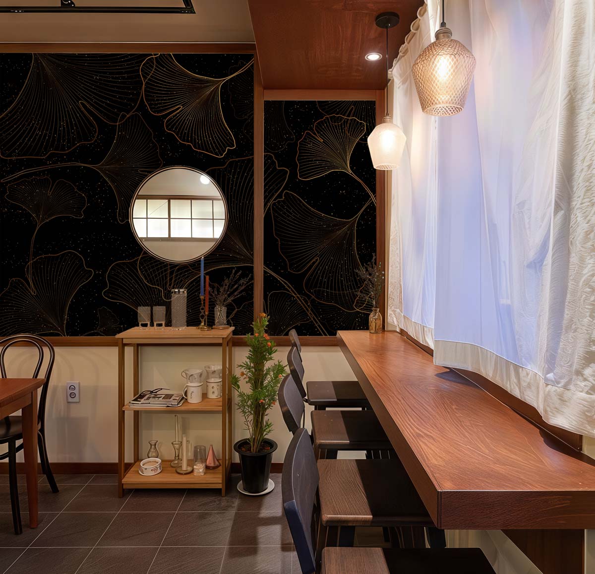 Nyra, Gold-lined Ginkgo Leaves Shimmer Wallpaper Mural