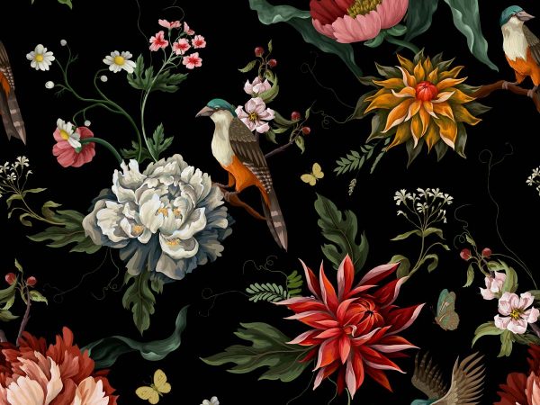 Obsidian Grove, Floral Fantasy with Songbirds Wallpaper Mural
