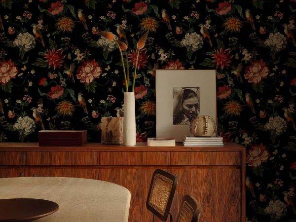 Obsidian Grove, Floral Fantasy with Songbirds Wallpaper Mural